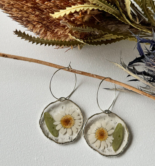 Pressed white daisy with green leaf and silver foil earrings