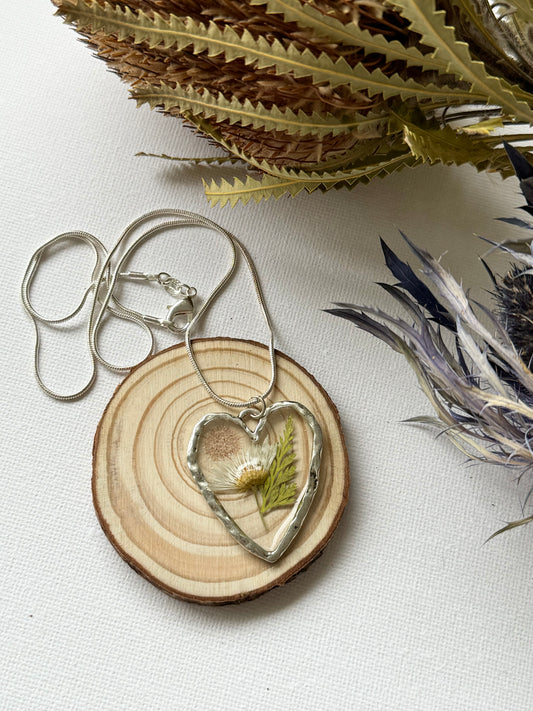 Heart white flower and green fern Necklace