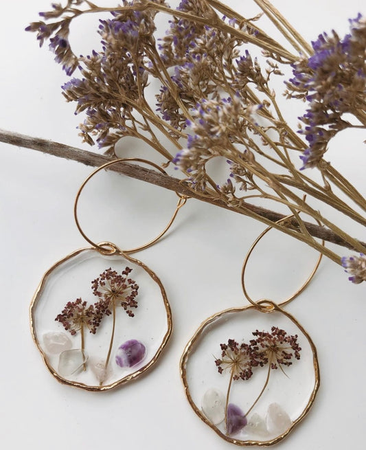 Pressed Purple Flowers with Crystals