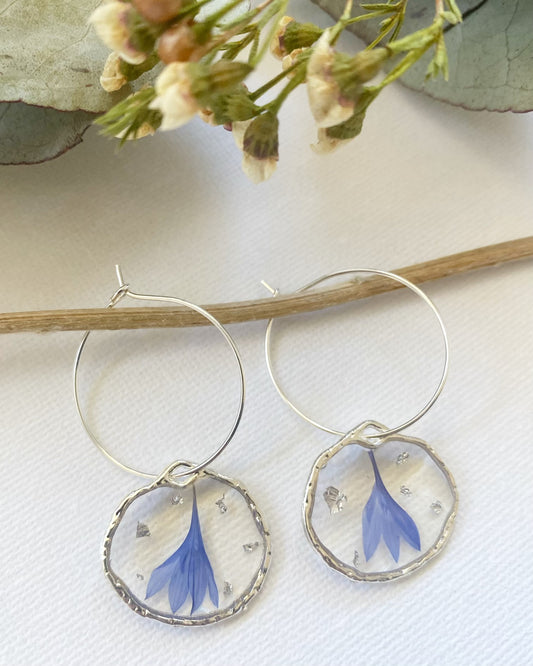 Pressed Blue Cornflower Earrings with Silver Leaf