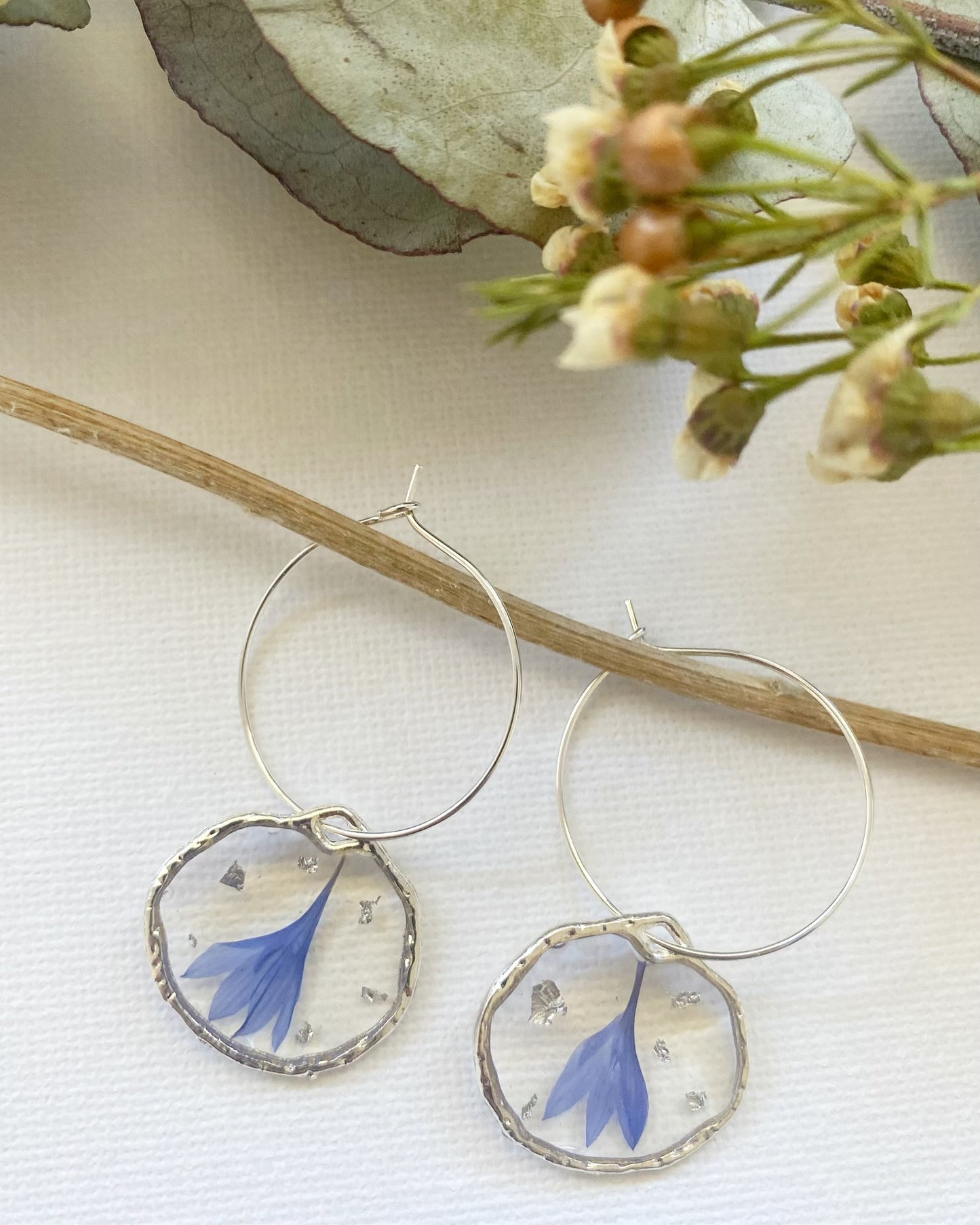 Pressed Blue Cornflower Earrings with Silver Leaf