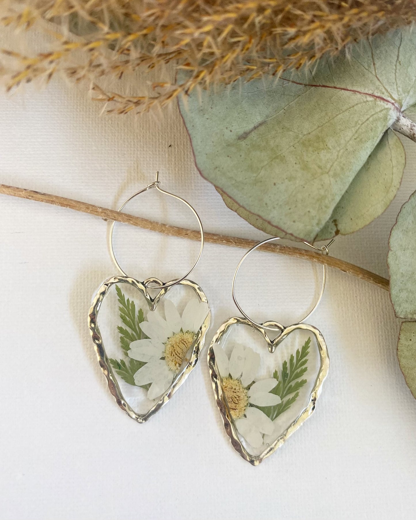 Pressed Daisy Heart with Fern Earrings