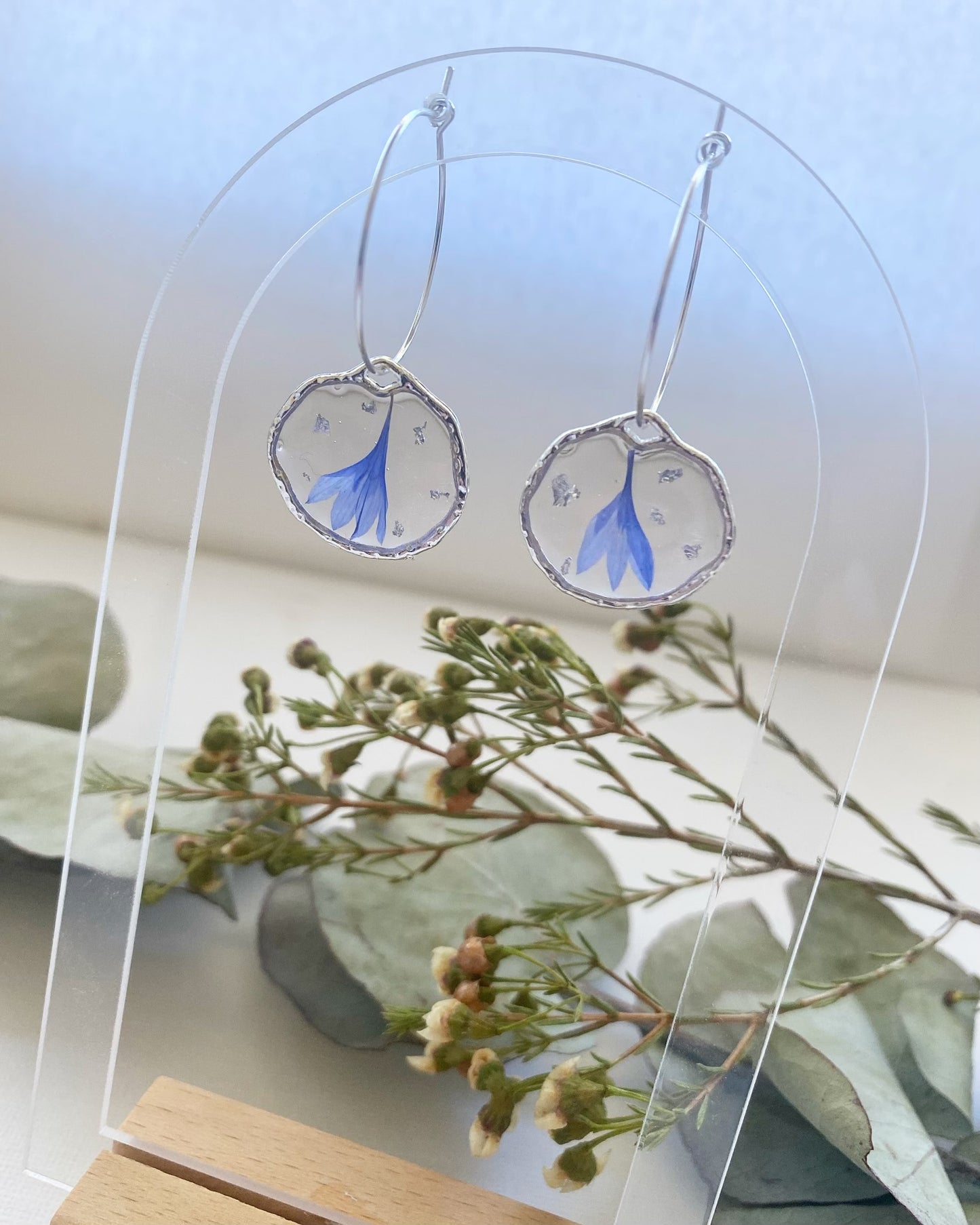 Pressed Blue Cornflower Earrings with Silver Leaf
